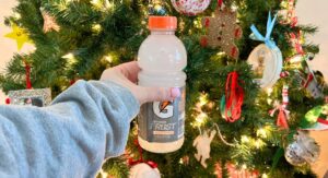 Sports Drink in Front of Christmas Tree