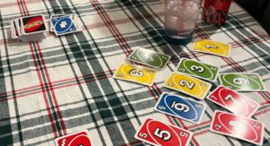 Uno Cards on a Christmas Table Cloth