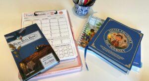 Books on a table, prepare for a new semester of homeschool